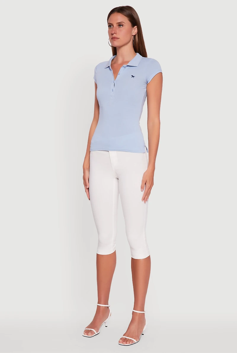 Womens Embroidered Button Front Polo Shirt, Blue, Size M