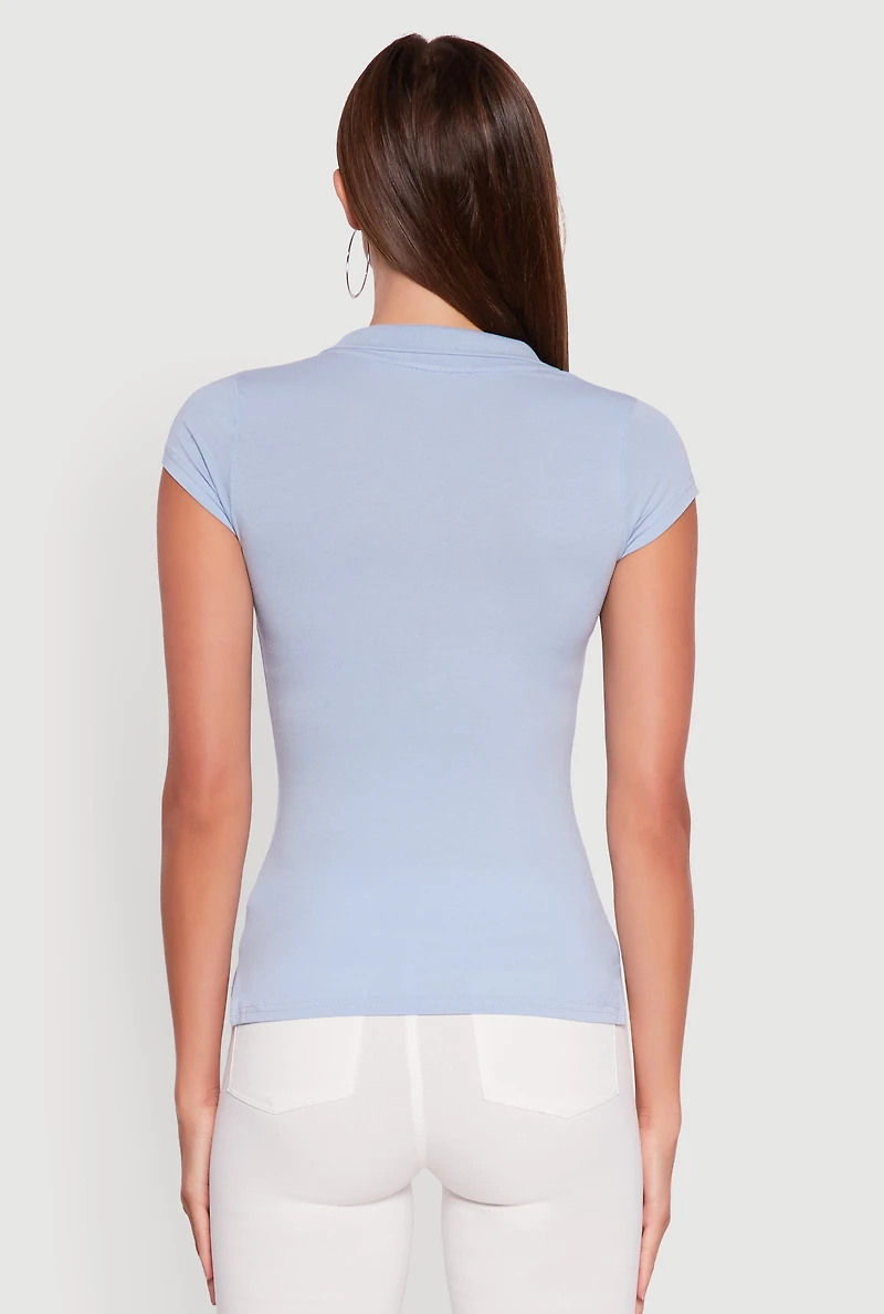 Womens Embroidered Button Front Polo Shirt, Blue, Size M