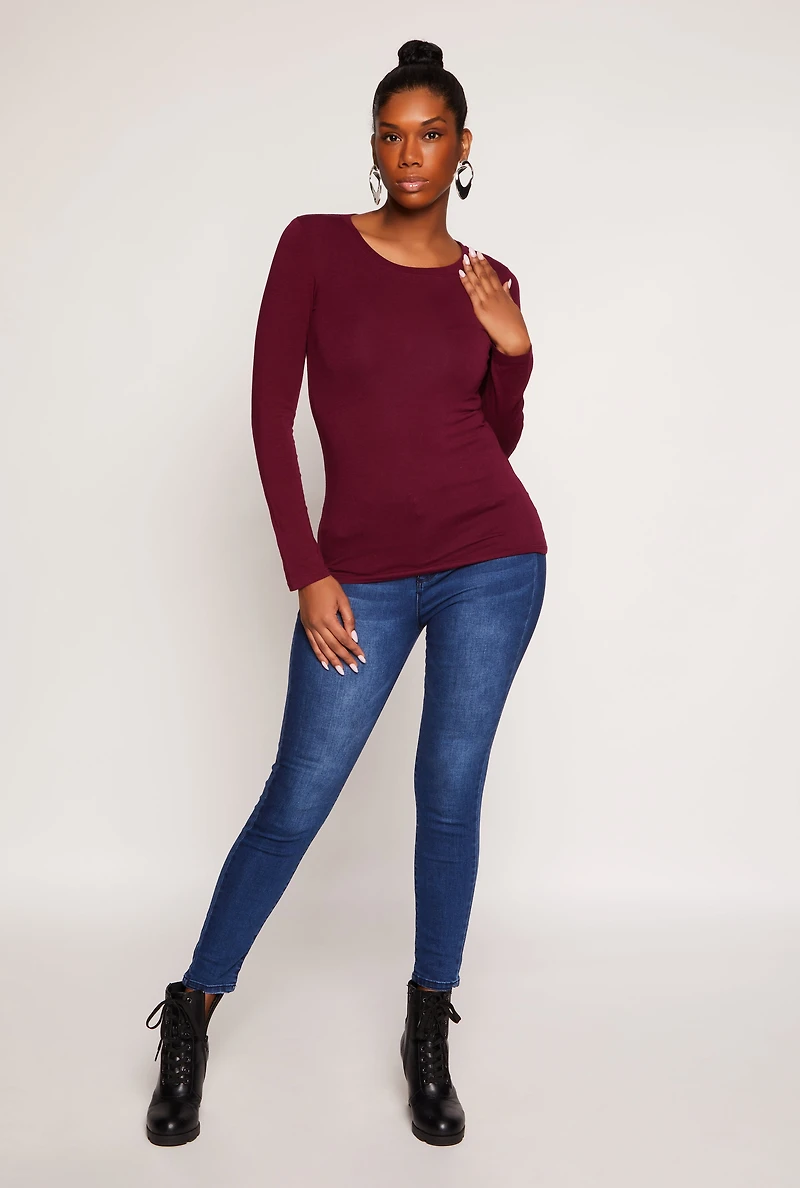 Womens Long Sleeve Crew Neck Top, Burgundy, Size M