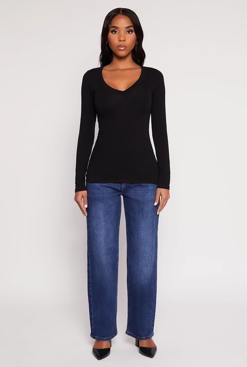 Womens Basic Long Sleeve V Neck Tee,