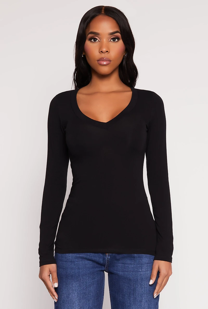 Womens Basic Long Sleeve V Neck Tee,