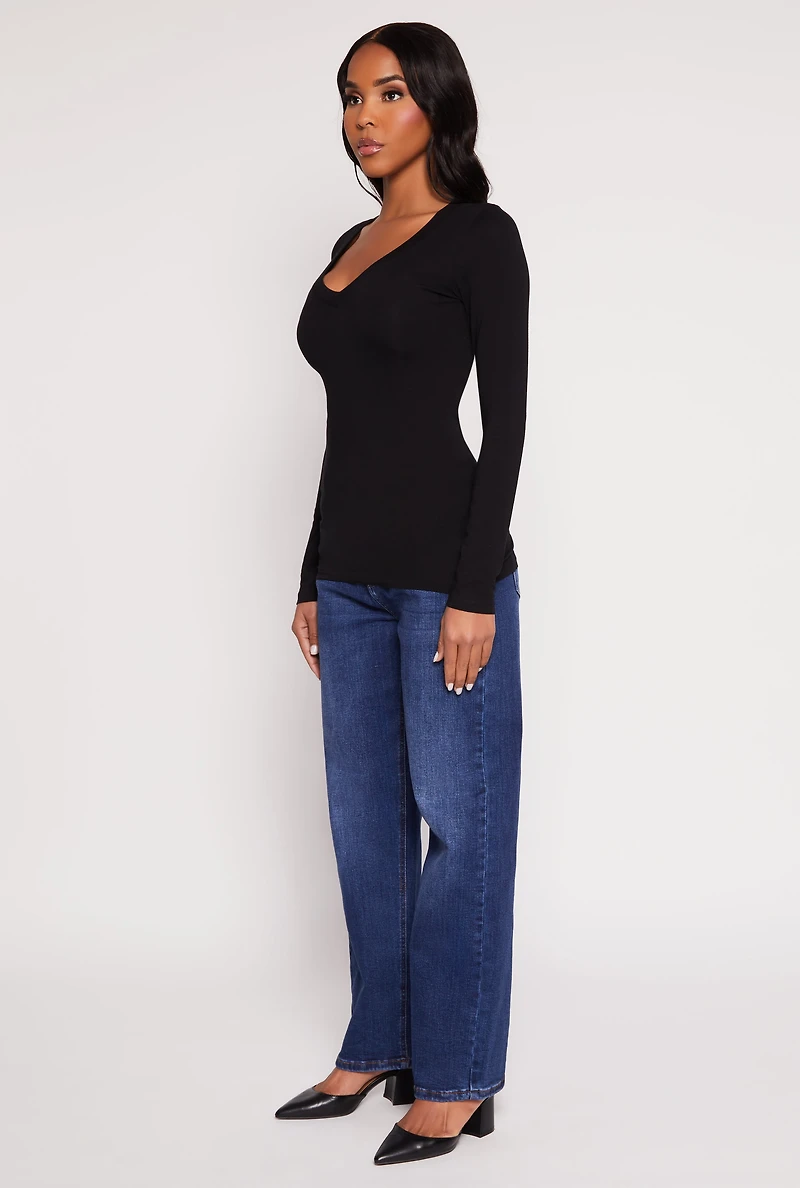 Womens Basic Long Sleeve V Neck Tee,