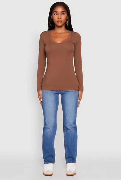 Womens Basic Long Sleeve V Neck Tee,