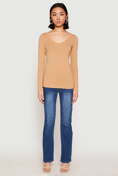 Womens Basic Long Sleeve V Neck Tee,