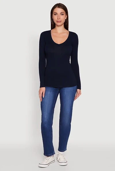 Womens Basic Long Sleeve V Neck Tee,