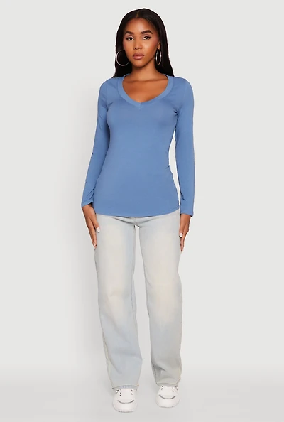 Womens Basic Long Sleeve V Neck Tee,