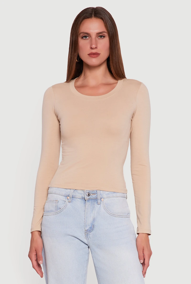 Womens Long Sleeve Scoop Neck Tee, Beige, Size L