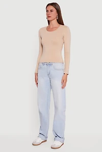 Womens Long Sleeve Scoop Neck Tee, Beige, Size L