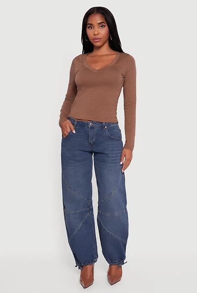 Womens Long Sleeve V Neck Casual Tee,