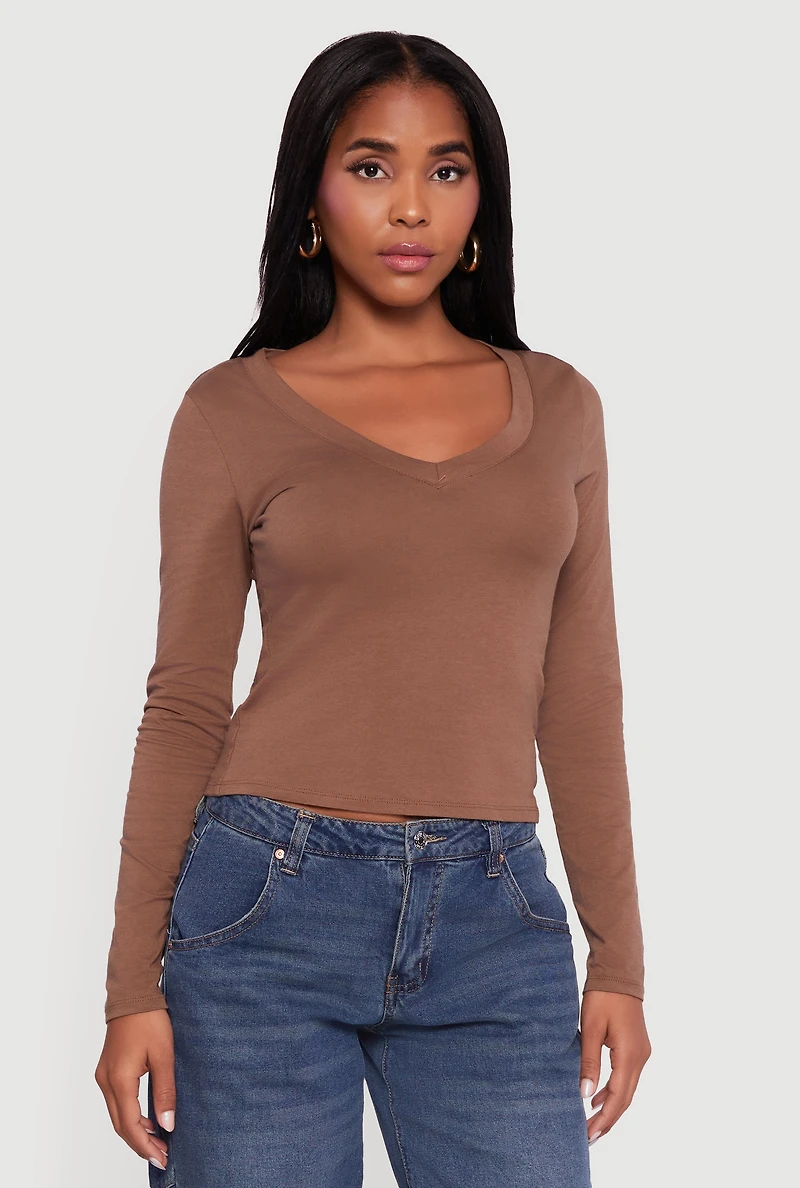 Womens Long Sleeve V Neck Casual Tee,