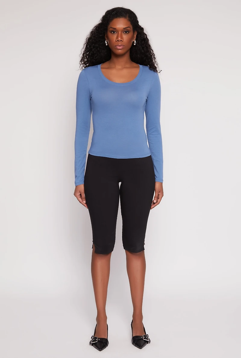 Womens Basic Scoop Neck Long Sleeve Top, Blue, Size S