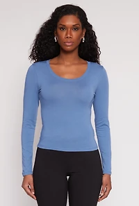 Womens Basic Scoop Neck Long Sleeve Top, Blue, Size S