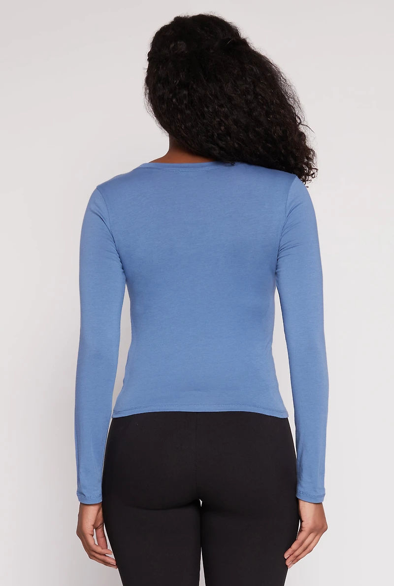 Womens Basic Scoop Neck Long Sleeve Top, Blue, Size S