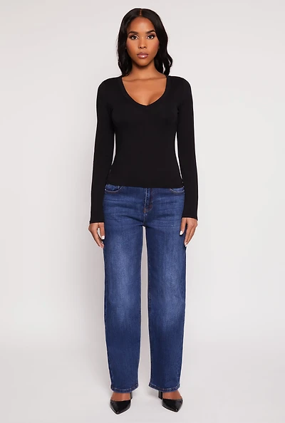 Womens Basic Long Sleeve V Neck Top,