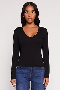 Womens Basic Long Sleeve V Neck Top, Black, Size L