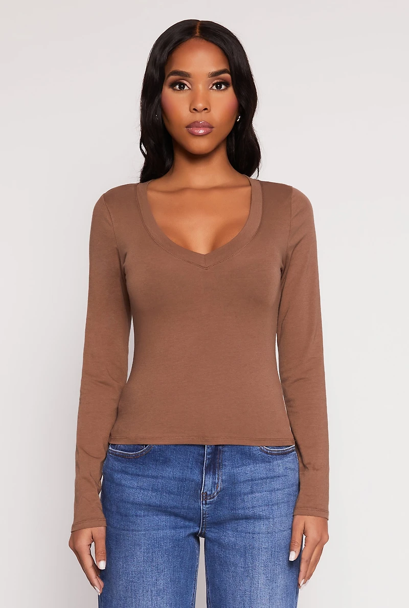 Womens Basic Long Sleeve V Neck Top,