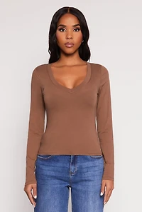 Womens Basic Long Sleeve V Neck Top,