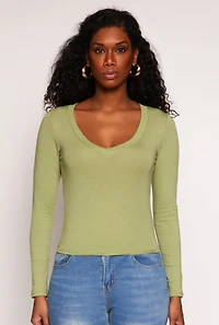Womens Basic Long Sleeve V Neck Top, S