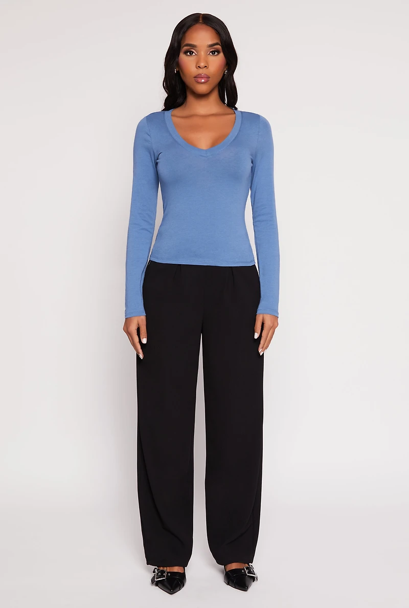 Womens Basic Long Sleeve V Neck Top, L