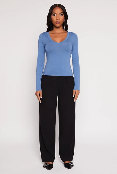 Womens Basic Long Sleeve V Neck Top, L