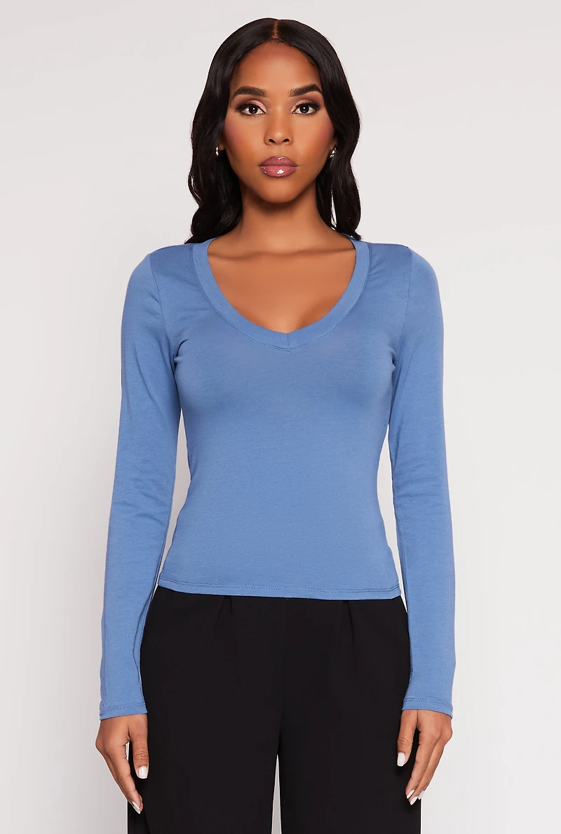 Womens Basic Long Sleeve V Neck Top, L