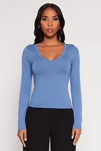 Womens Basic Long Sleeve V Neck Top, L