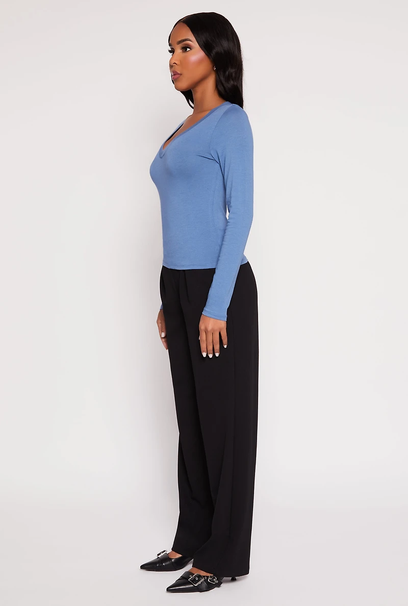 Womens Basic Long Sleeve V Neck Top, L