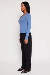 Womens Basic Long Sleeve V Neck Top, Blue, Size L