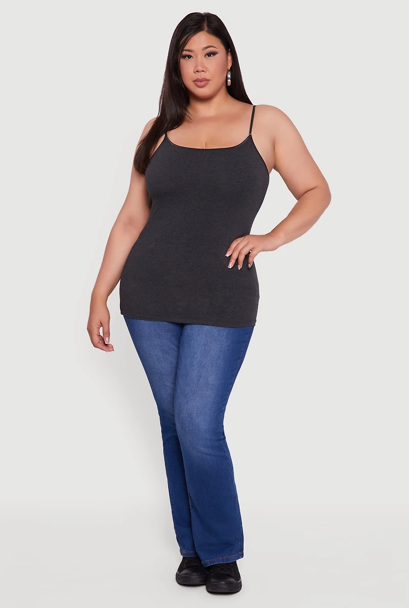 Womens Plus Size Basic Scoop Neck Cami with Shelf Bra, Grey, Size 2X