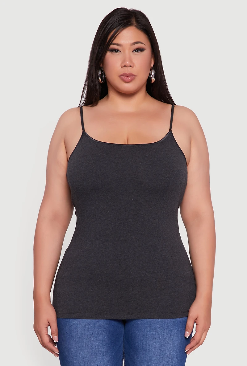 Womens Plus Size Basic Scoop Neck Cami with Shelf Bra, Grey, Size 2X