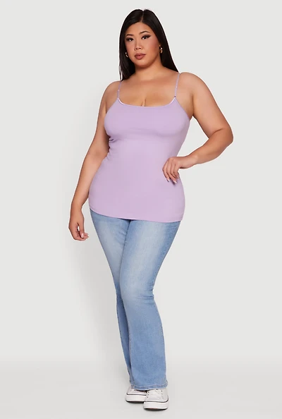Womens Plus Size Basic Scoop Neck Cami with Shelf Bra, Purple, Size 3X