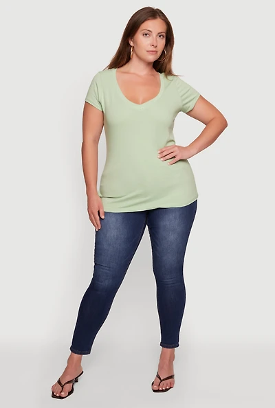 Plus Basic V Neck Short Sleeve Top