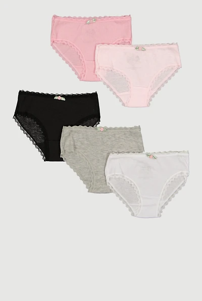 Girls 3D Flower Applique Ribbed Knit Bikini Panties 5 Pack