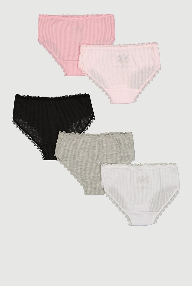Girls 3D Flower Applique Ribbed Knit Bikini Panties 5 Pack
