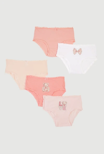 Little Girls Bow Detail Bear Graphic Panties 5 Pack
