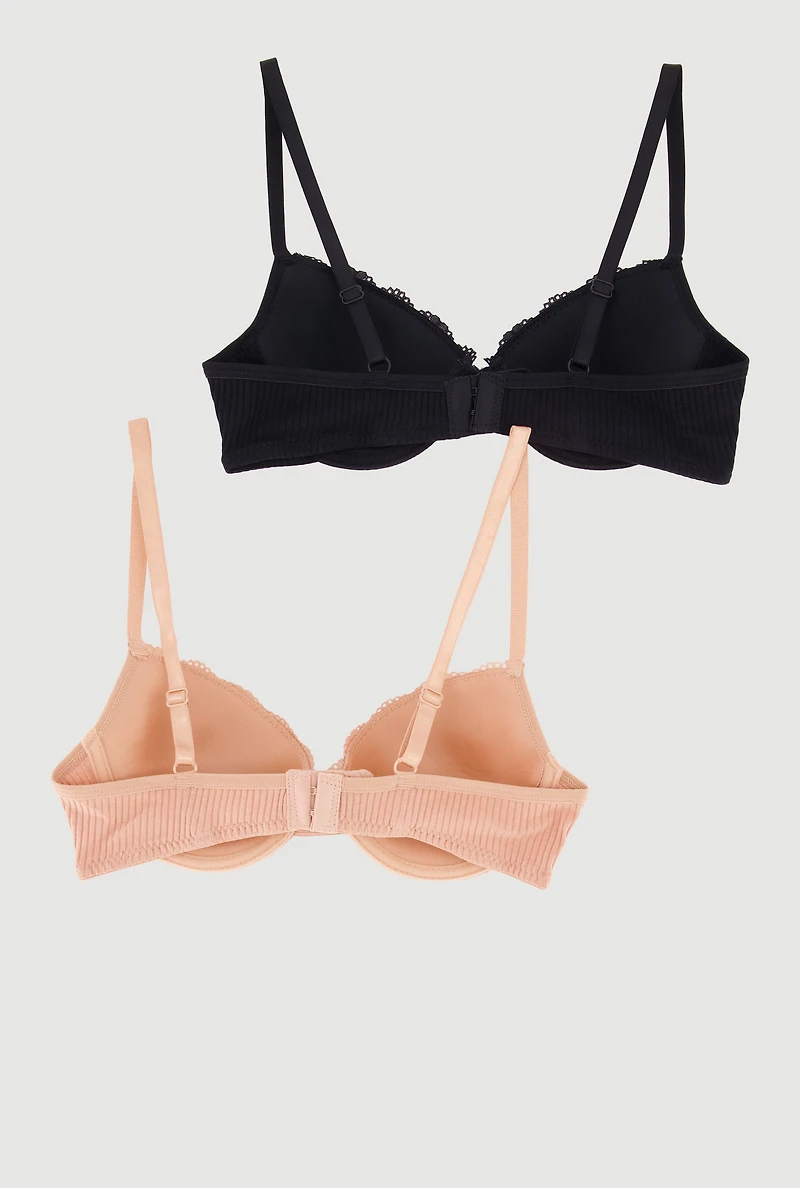 Girls Ribbed Knit Lace Trim Underwire Bras 2 Pack