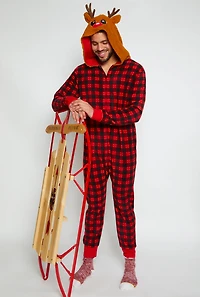 Mens Matching Reindeer Hooded Plaid Onesie Family Pajamas, Red, Size XL