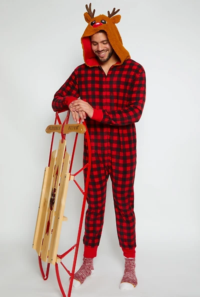 Mens Matching Reindeer Hooded Plaid Onesie Family Pajamas