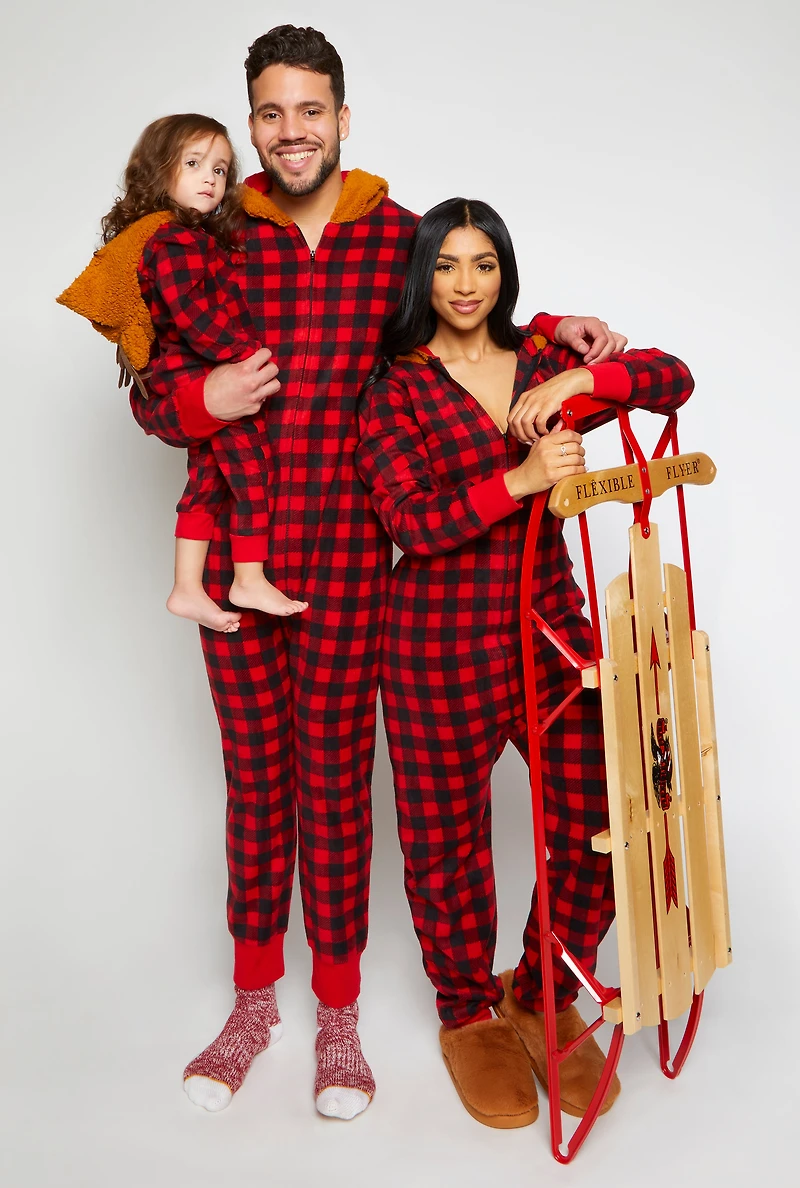 Mens Matching Reindeer Hooded Plaid Onesie Family Pajamas