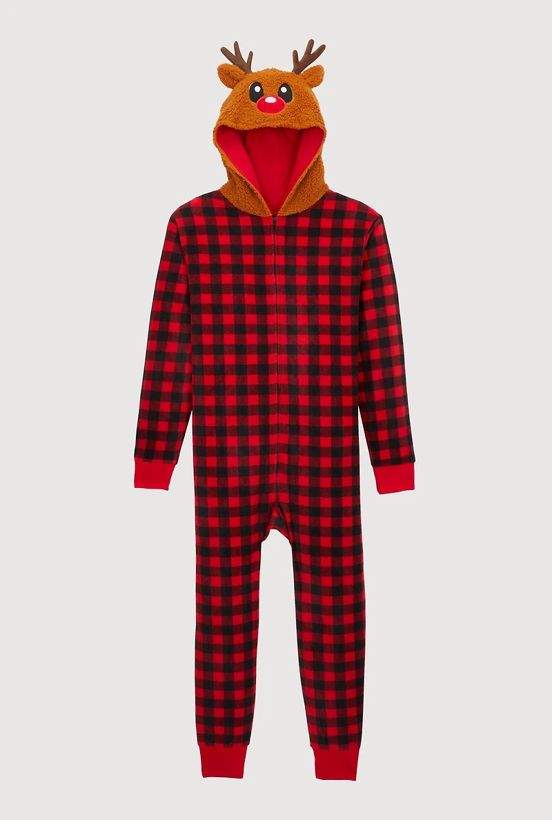 Mens Matching Reindeer Hooded Plaid Onesie Family Pajamas, Red, Size XL
