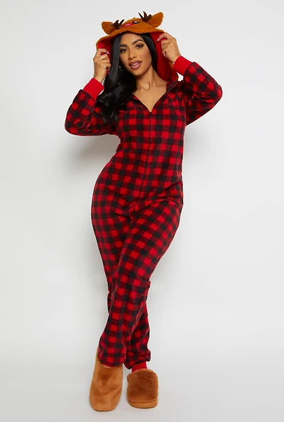 Womens Reindeer Hooded Buffalo Plaid Onesie Family Pajamas, Red, Size L