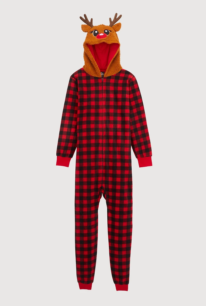 Womens Reindeer Hooded Buffalo Plaid Onesie Family Pajamas, Red, Size L