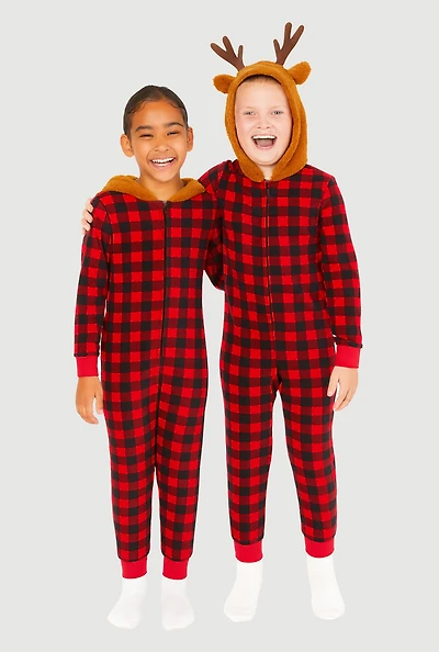 Kids Reindeer Hooded Buffalo Plaid Onesie Family Pajamas, Red, Size 4-5