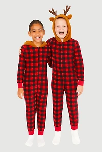 Kids Reindeer Hooded Buffalo Plaid Onesie Family Pajamas, Red, Size 4-5