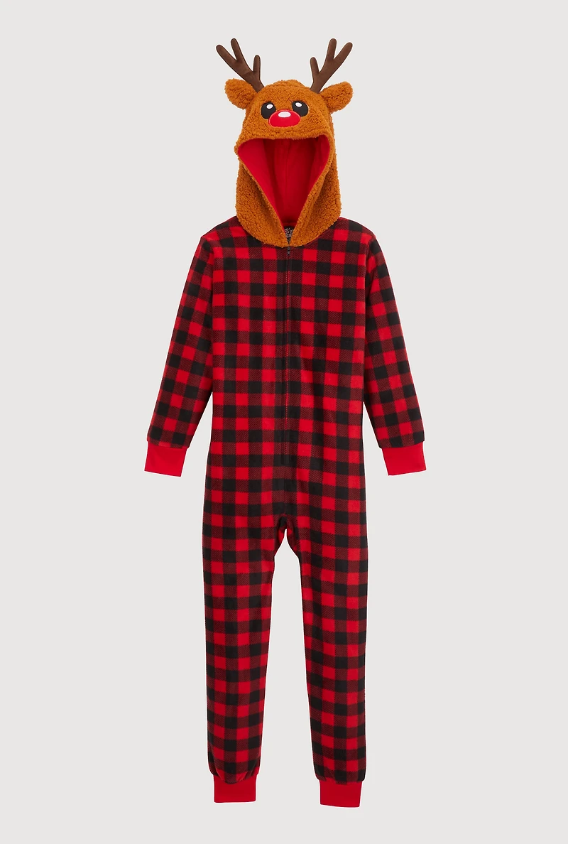 Kids Reindeer Hooded Buffalo Plaid Onesie Family Pajamas