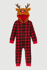 Toddlers Unisex Reindeer Hooded Plaid Onesie Family Pajamas, Red, Size 2T