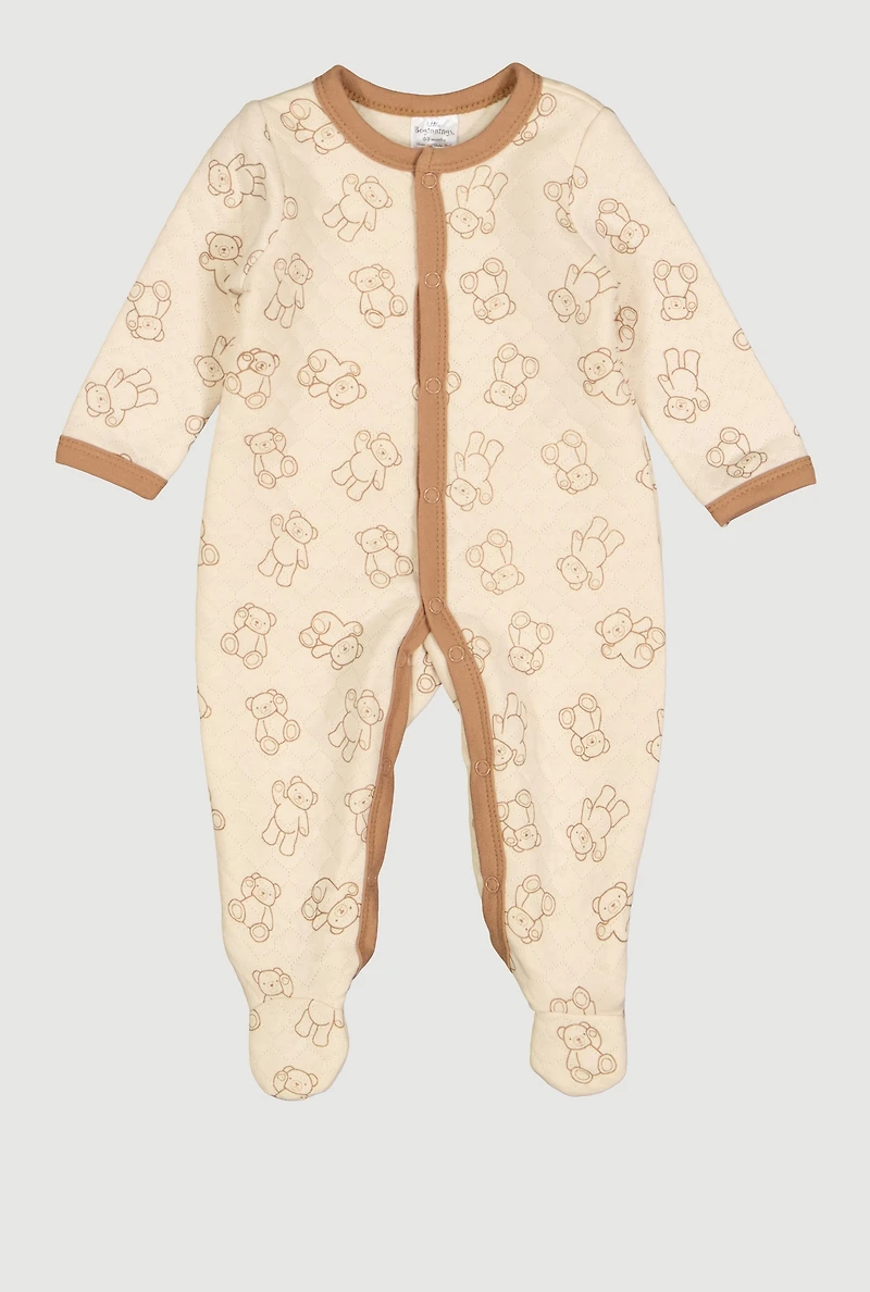 Baby Boys 0-9M Quilted Teddy Bear Print Footed Jumpsuit