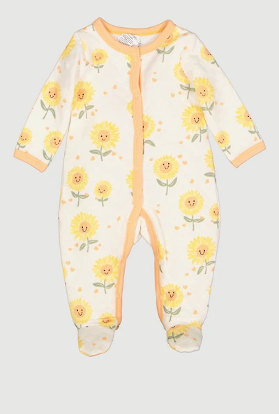 Baby Girls 0-9M Sunflower Print Quilted Footed Jumpsuit, White, Size 6-9M
