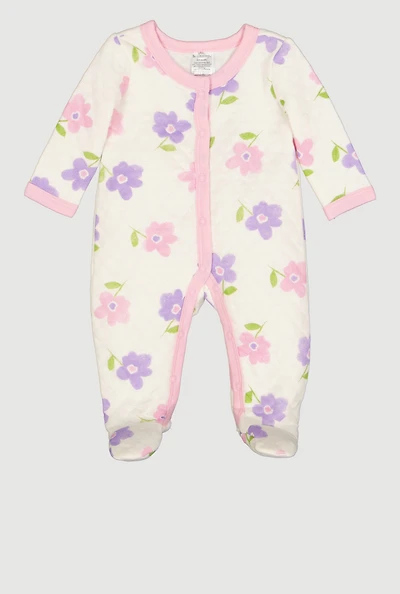 Baby Girls 0-9M Flower Print Quilted Footed Jumpsuit, White,
