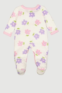 Baby Girls 0-9M Flower Print Quilted Footed Jumpsuit, White, Size 6-9M